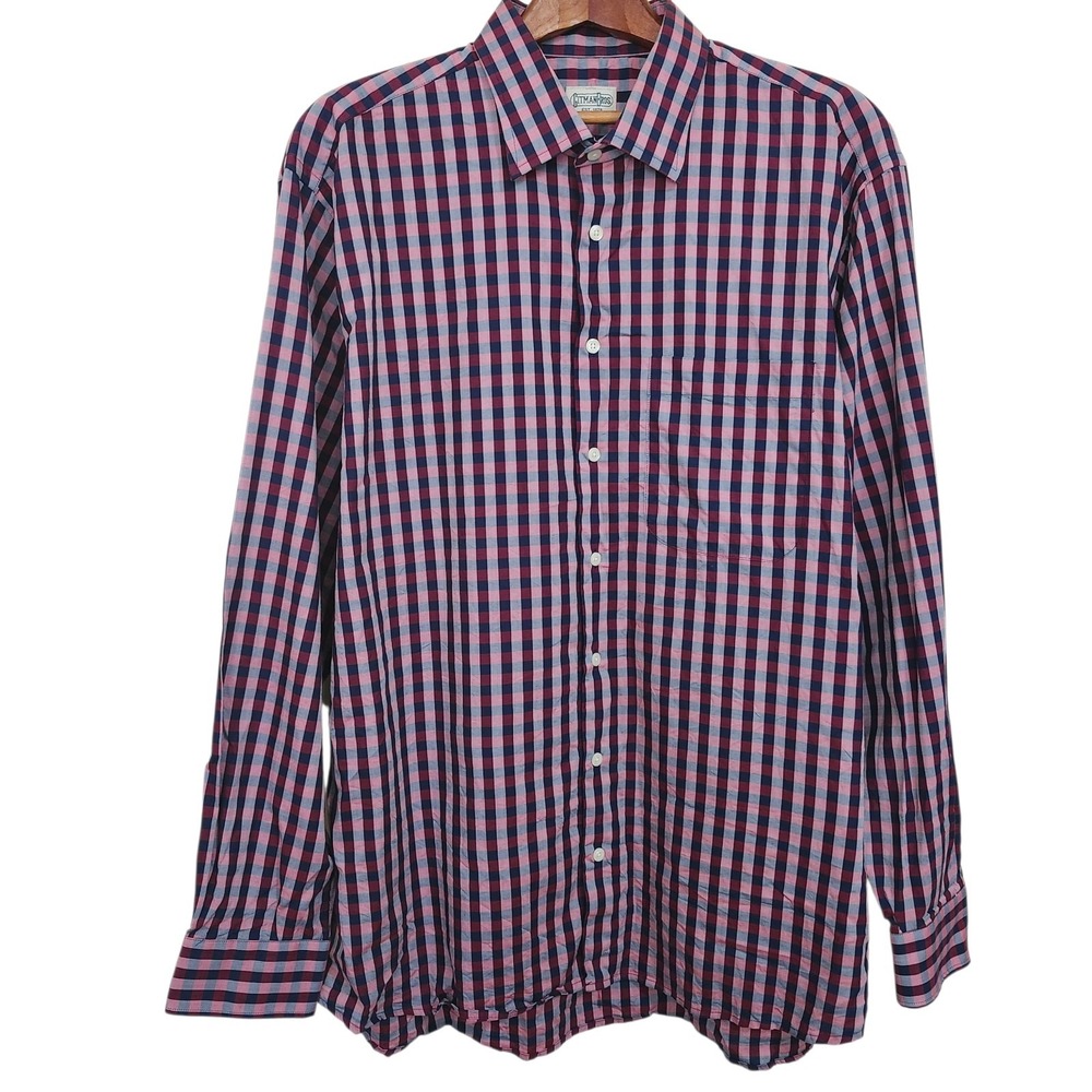 Gitman Brothers Button Down Plaid Shirt Red Blue Cotton Made In USA Mens Size XL